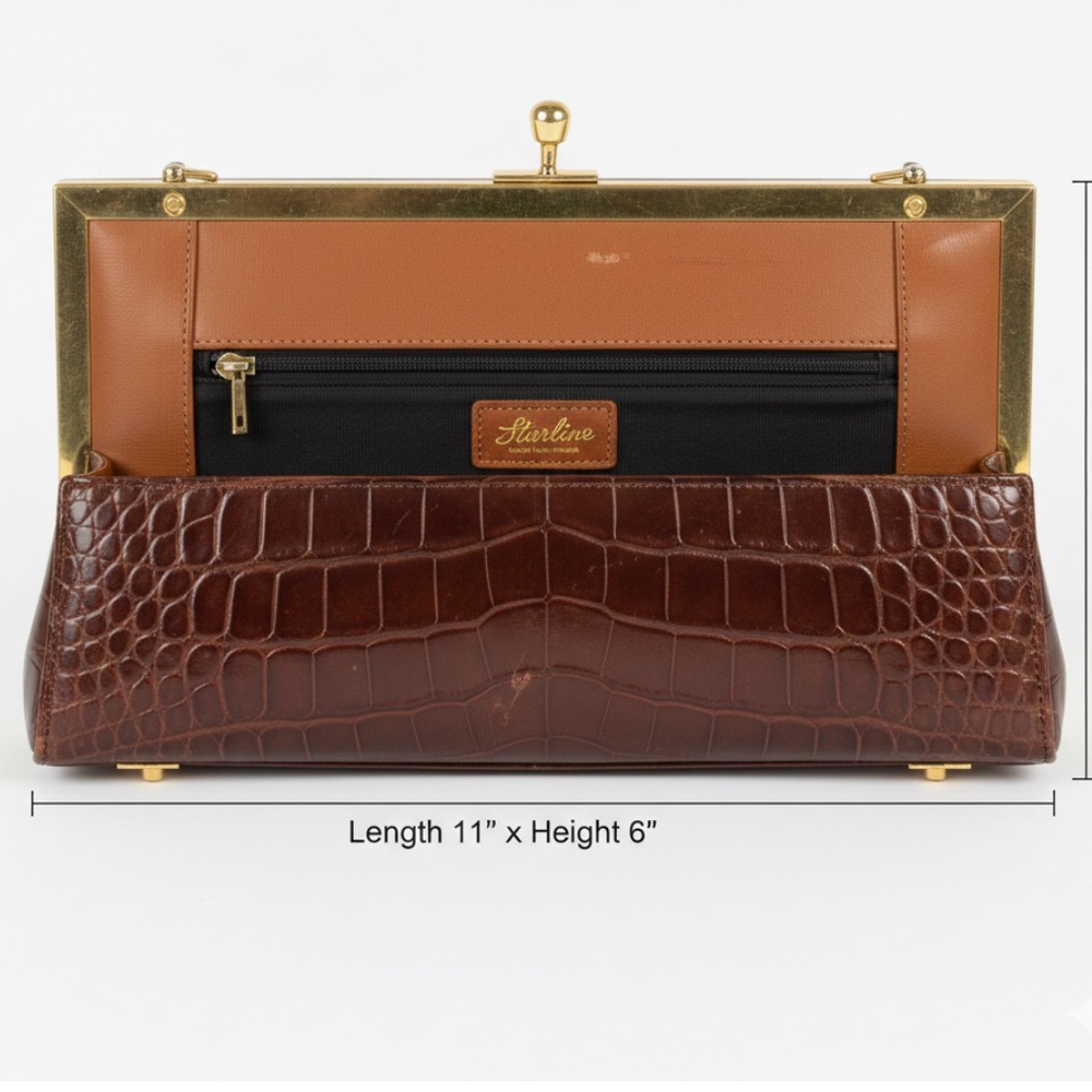 Starline Genuine Crocodile / Alligator Clutch Chocolate Brown Mid-Century Luxe